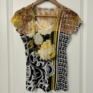 Vintage Y2K Cache | Short Sleeve Multicolor Floral Graphic Tee Lace Yoke | Small